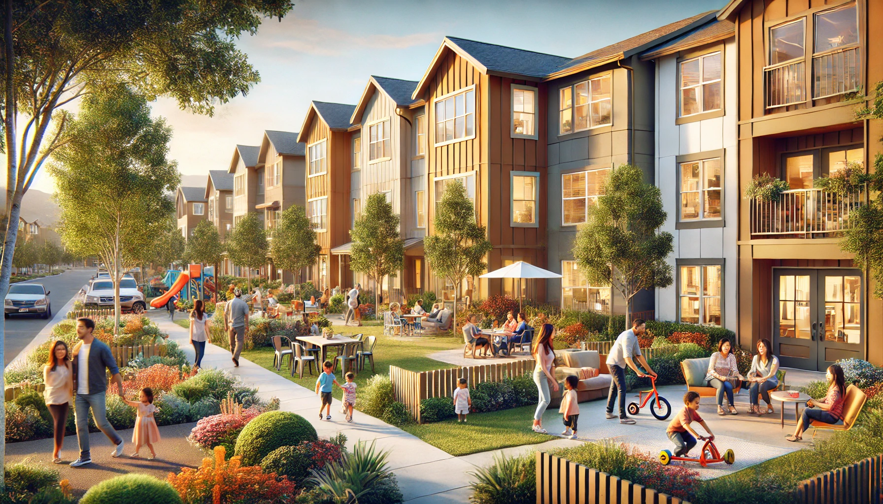 AI-generated conceptual illustration of a condominium-style community with shared landscaped gathering areas and residents