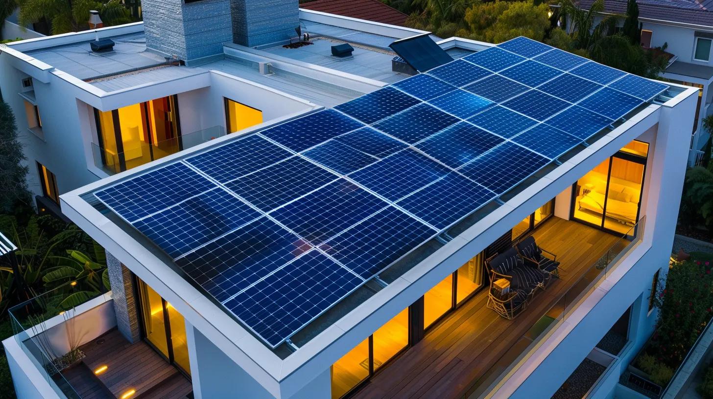 a modern home rooftop adorned with sleek solar panels glistening under bright artificial lights, showcasing an innovative integration of renewable energy technology within a contemporary urban setting.