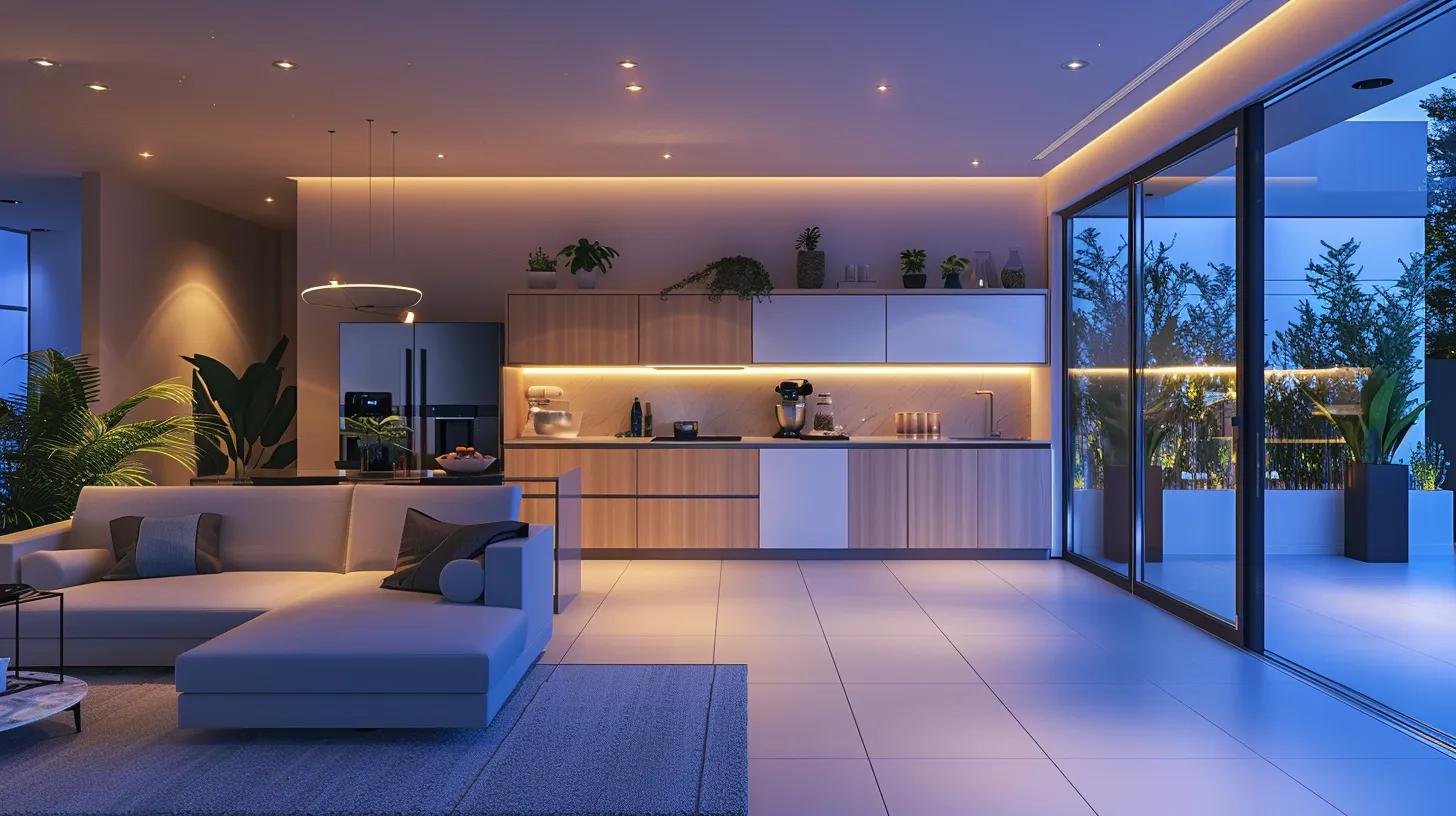 a modern, sleek home interior showcases innovative energy-efficient upgrades, featuring smart appliances, led lighting, and elegant finishes, all illuminated by soft, ambient light in a contemporary kitchen setting.