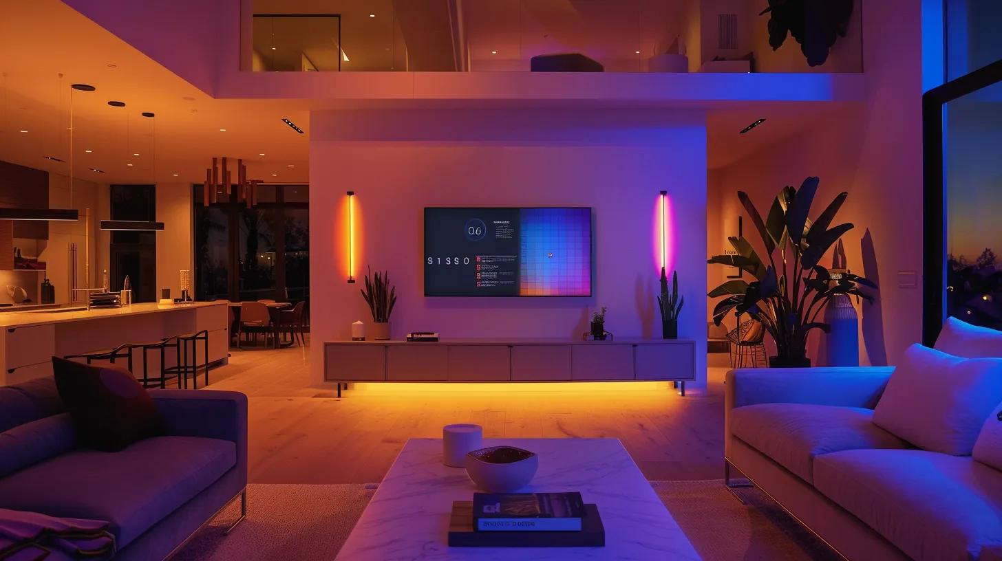 a sleek, modern living room features a central smart home hub displaying various energy consumption metrics, surrounded by stylish smart thermostats and automated lighting fixtures casting a warm, inviting glow.