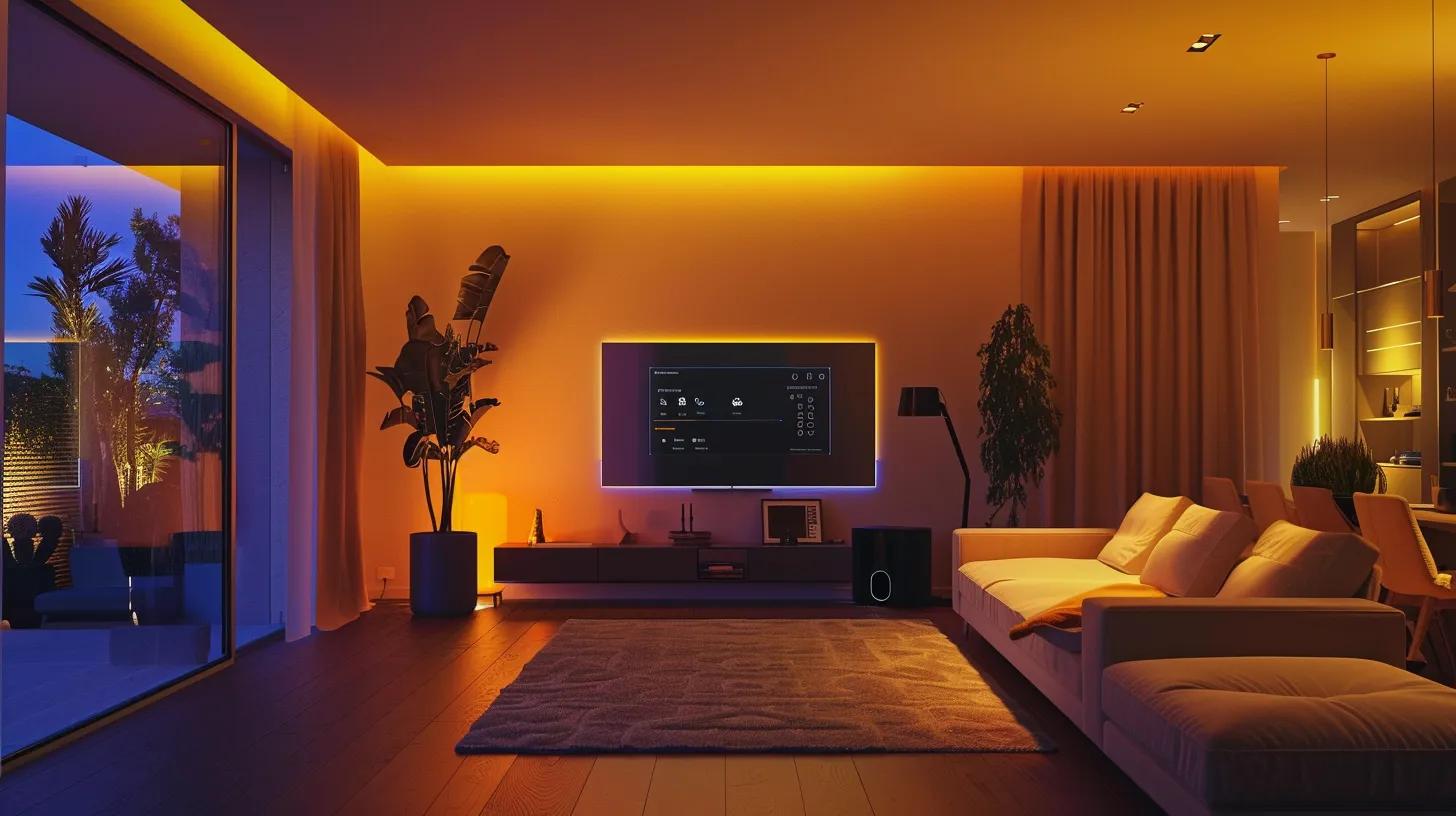 a sleek, modern living room equipped with smart technology showcases a wall-mounted screen displaying real-time security alerts alongside automated lighting and temperature controls, emphasizing a seamless, efficient home environment illuminated by soft, ambient lighting.