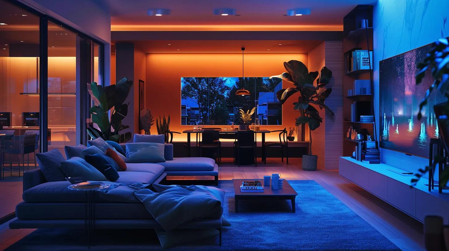 a sleek, modern living room filled with an array of smart home devices seamlessly integrated into the decor, showcasing customizable technology interfaces on vibrant screens and minimalist furniture that highlights an advanced, sophisticated lifestyle.