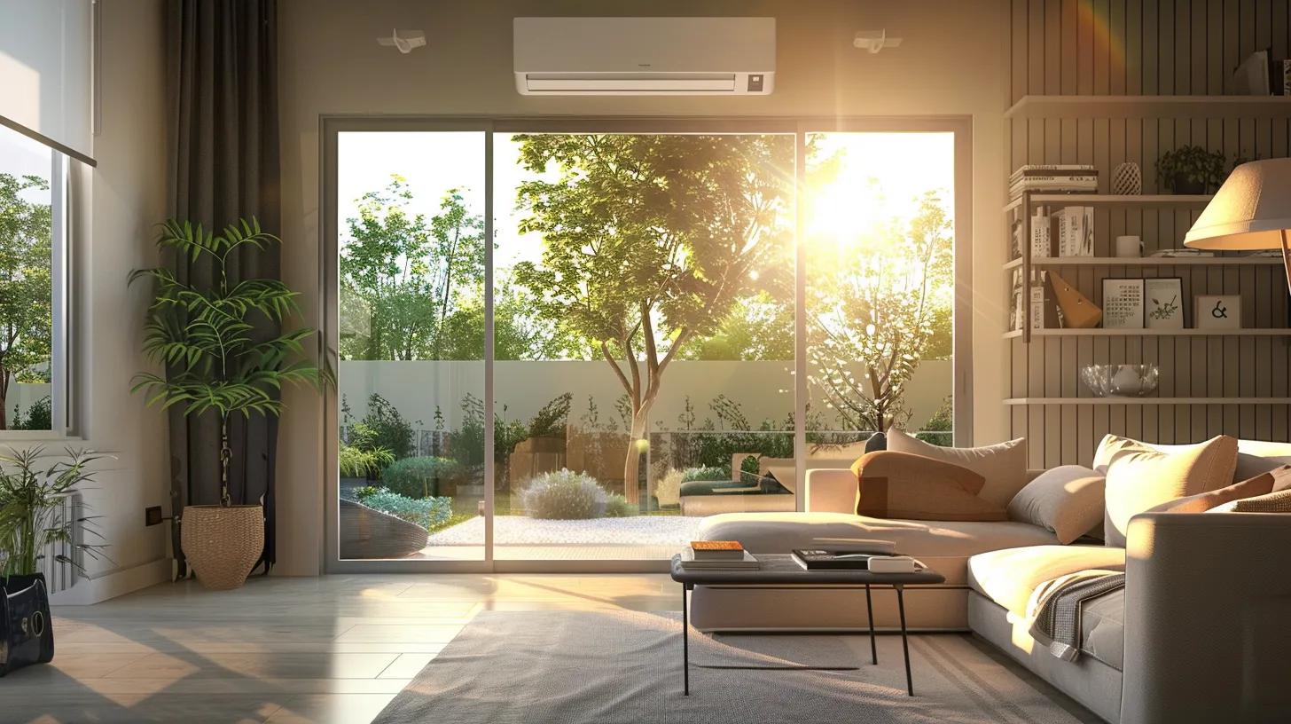 a sleek, modern living room showcases a high-efficiency hvac unit elegantly integrated into the decor, featuring a smart thermostat displaying real-time energy consumption, while sunlight streams through large windows illuminating the stylish furnishings.