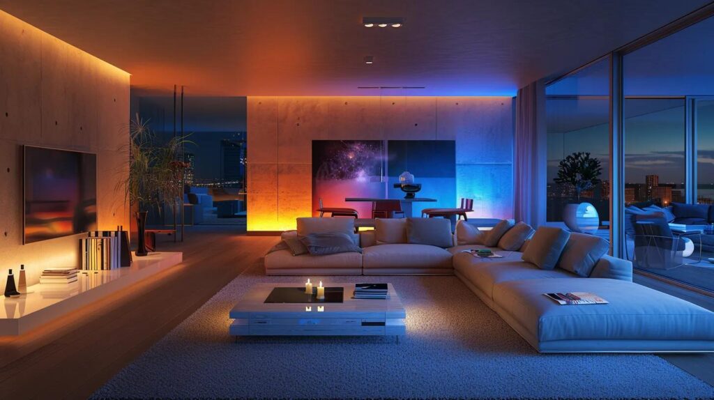 a sleek, ultramodern living room showcases smart technology seamlessly integrated into the design, illuminated by soft ambient lighting that highlights futuristic gadgets and innovative home automation features.