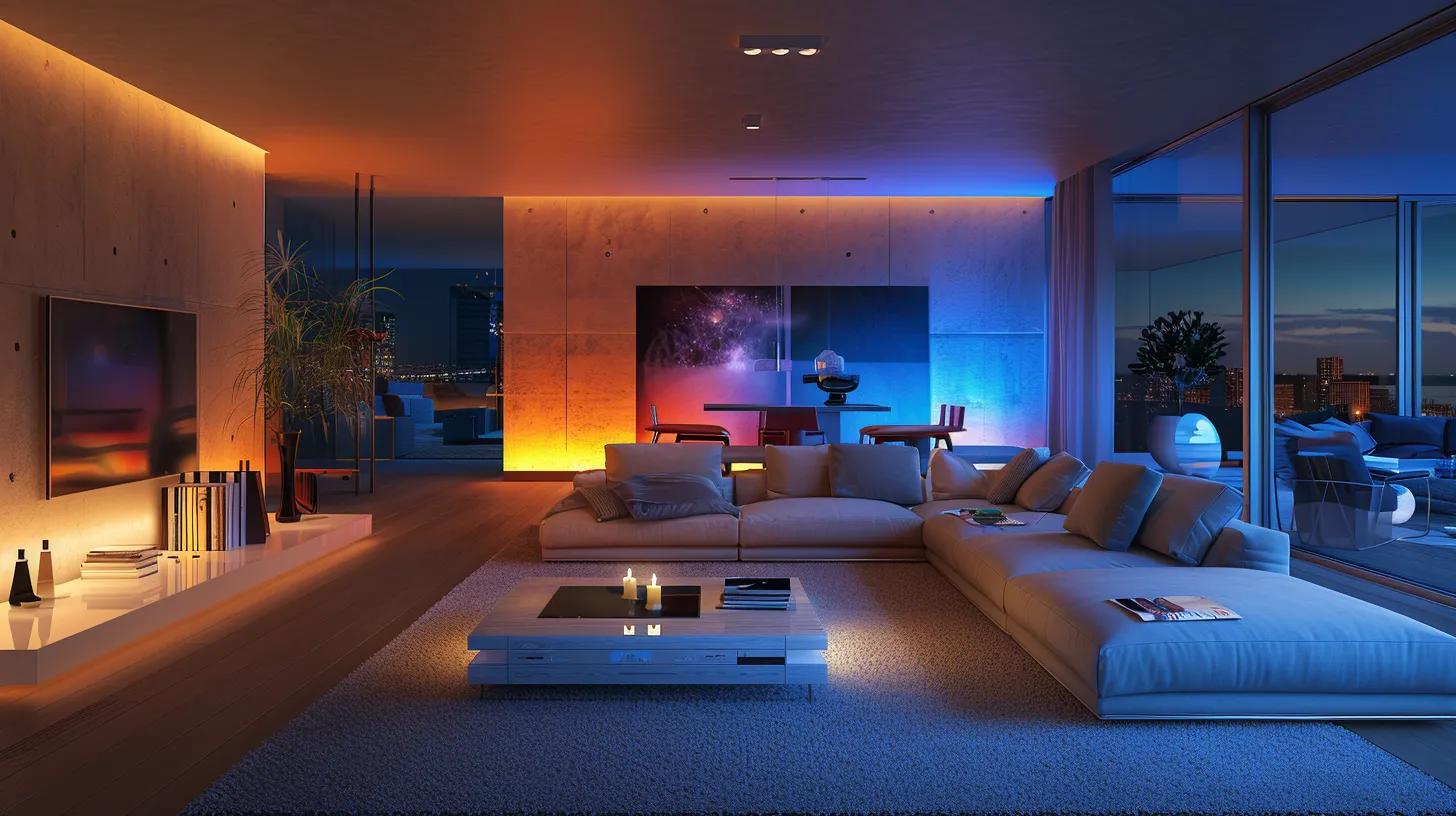 a sleek, ultramodern living room showcases smart technology seamlessly integrated into the design, illuminated by soft ambient lighting that highlights futuristic gadgets and innovative home automation features.