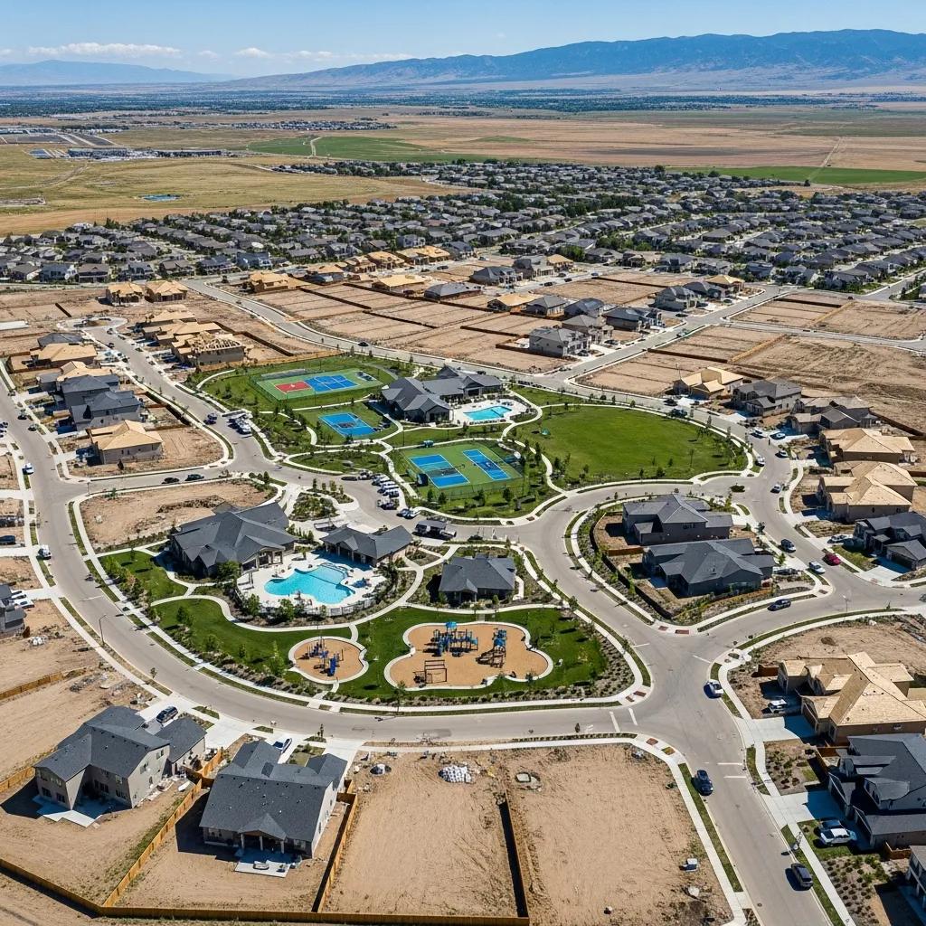 Aerial view of a land development project in Utah, highlighting new housing opportunities and community amenities