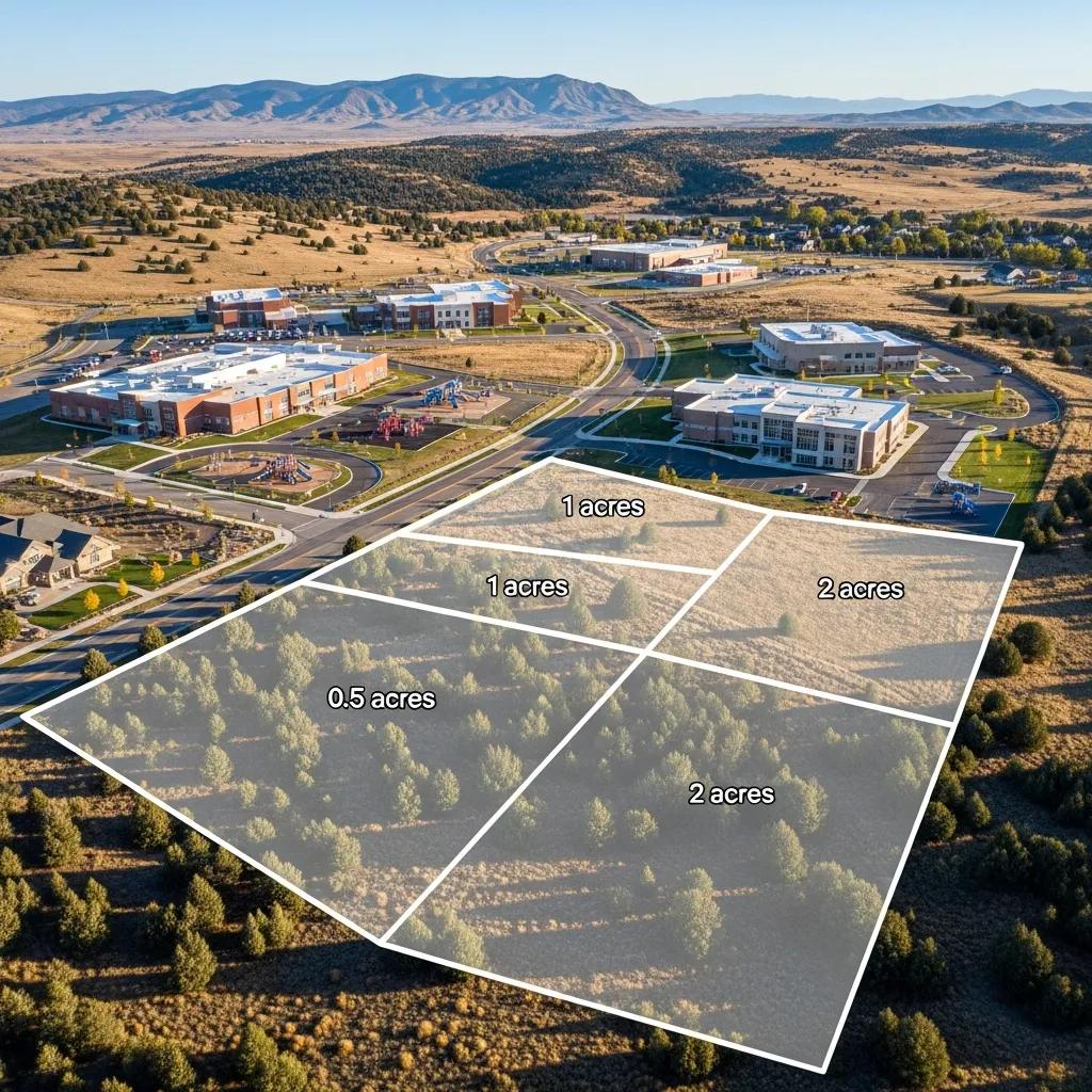 Aerial view of residential land parcels in Nephi, Utah, with outlined sizes of 0.5 acres, 1 acre, and 2 acres, showcasing proximity to schools and community features.