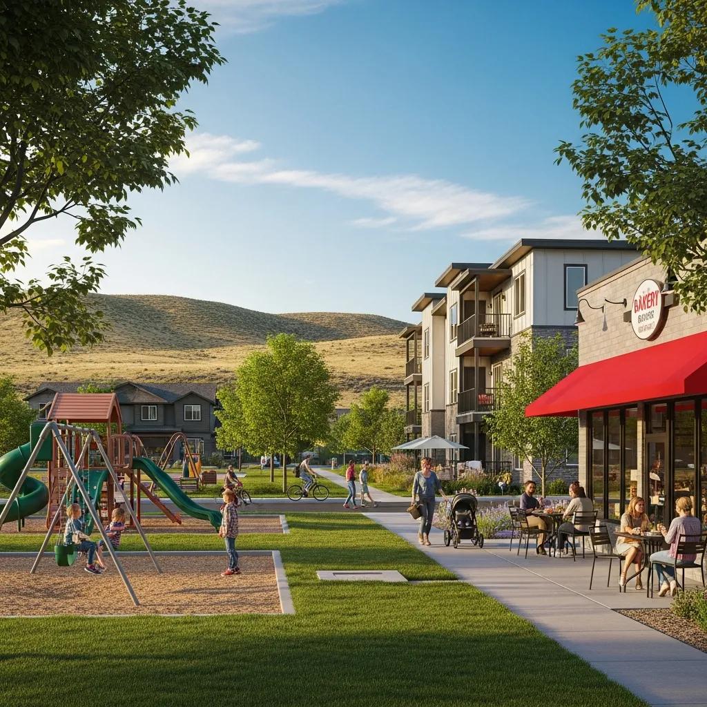 Charming neighborhood in Nephi, Utah, featuring a playground, families enjoying outdoor activities, and a bakery restaurant, highlighting community amenities and family-friendly living.