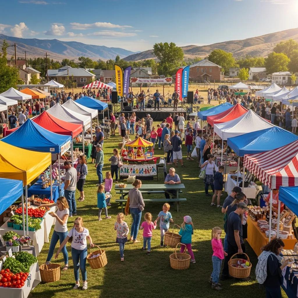 Community event in Nephi, Utah, featuring a vibrant farmers market with colorful tents, local produce, families shopping, and live music in a scenic outdoor setting.