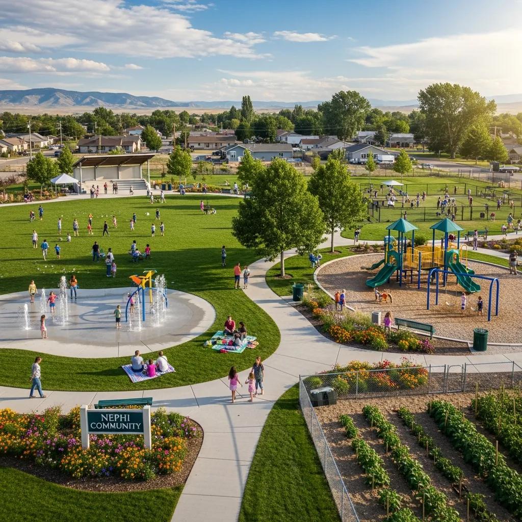 Community park in Nephi with families enjoying outdoor activities, playground equipment, water features, and green spaces, illustrating local amenities that enhance family living.