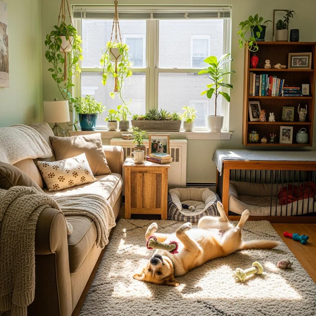 Cozy living room in a pet-friendly apartment with a playful dog lying on the floor surrounded by toys and indoor plants, highlighting a comfortable space for pet owners in Nephi.