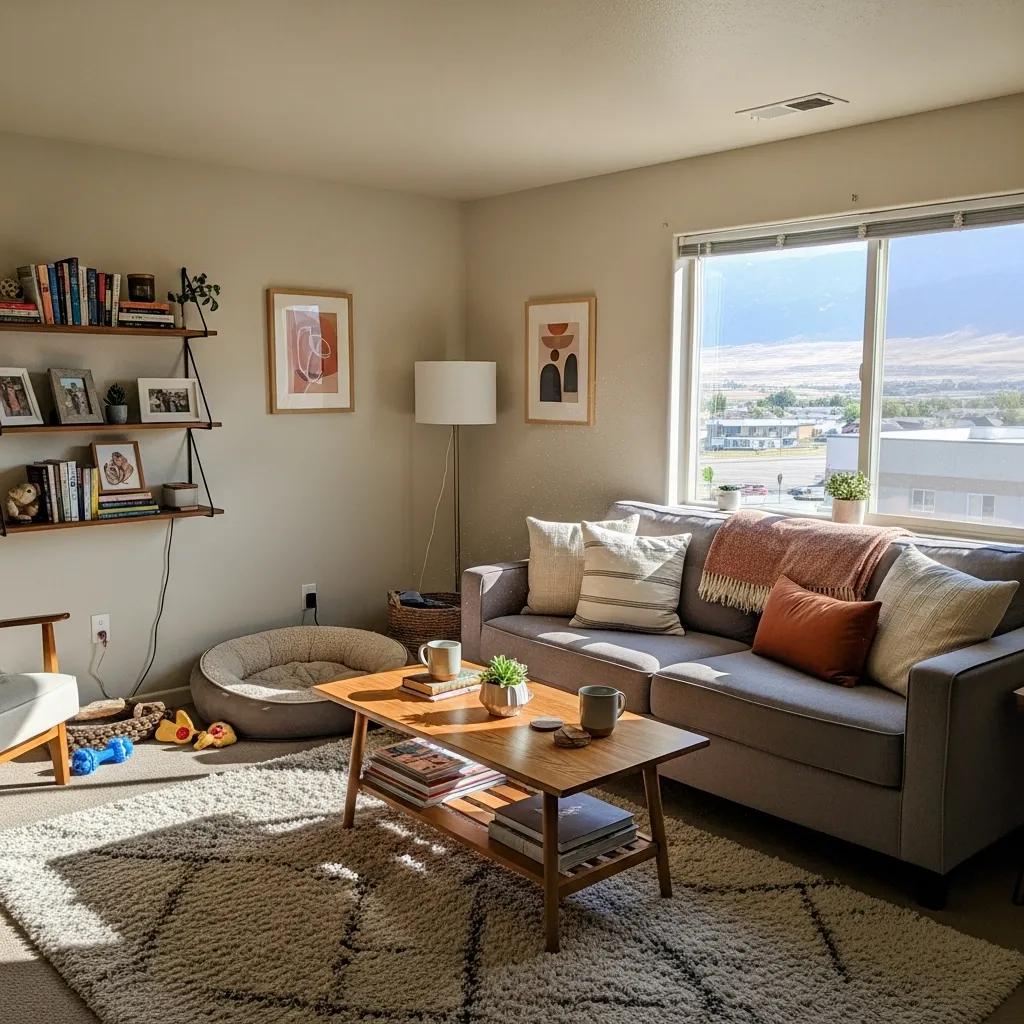 Cozy one-bedroom apartment interior in Nephi, featuring pet-friendly amenities, modern decor, a comfortable sofa, and a bright window view.