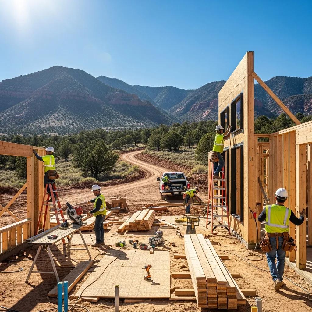 Custom home construction in Utah with workers and scenic landscape