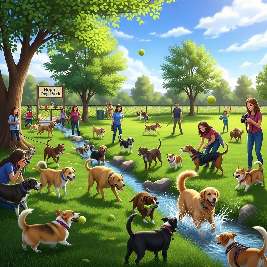 Dogs playing in Nephi Dog Park, with owners engaging and taking photos, surrounded by green grass, trees, and a small stream, illustrating a vibrant pet-friendly environment.