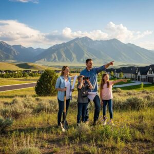 Family looking over a potential residential lot in Utah County, showing interest in building a new home