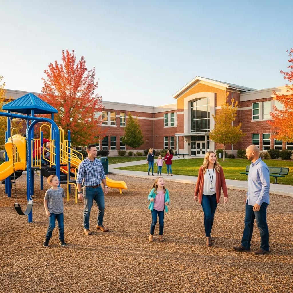 Family exploring a school campus in Nephi, Utah, with a playground and autumn trees, highlighting community and education.