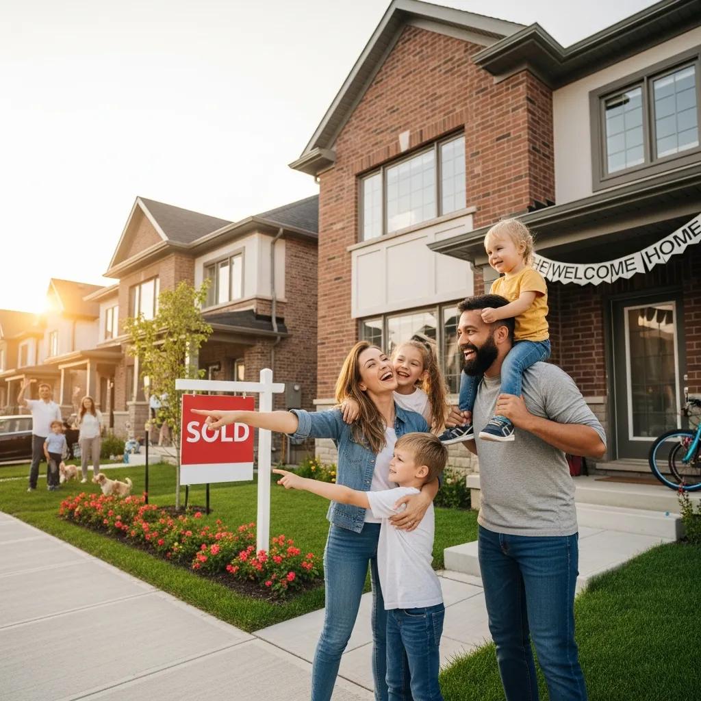Happy family celebrating in front of their new townhouse with a "SOLD" sign, highlighting community living and homeownership in Nephi, Utah.