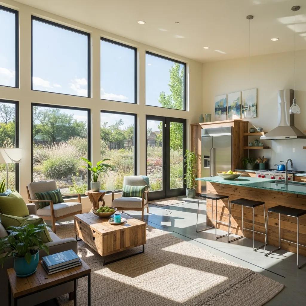 Interior of a luxury townhouse in Nephi featuring energy-efficient design, large windows for natural light, modern kitchen with sustainable materials, and stylish seating area.