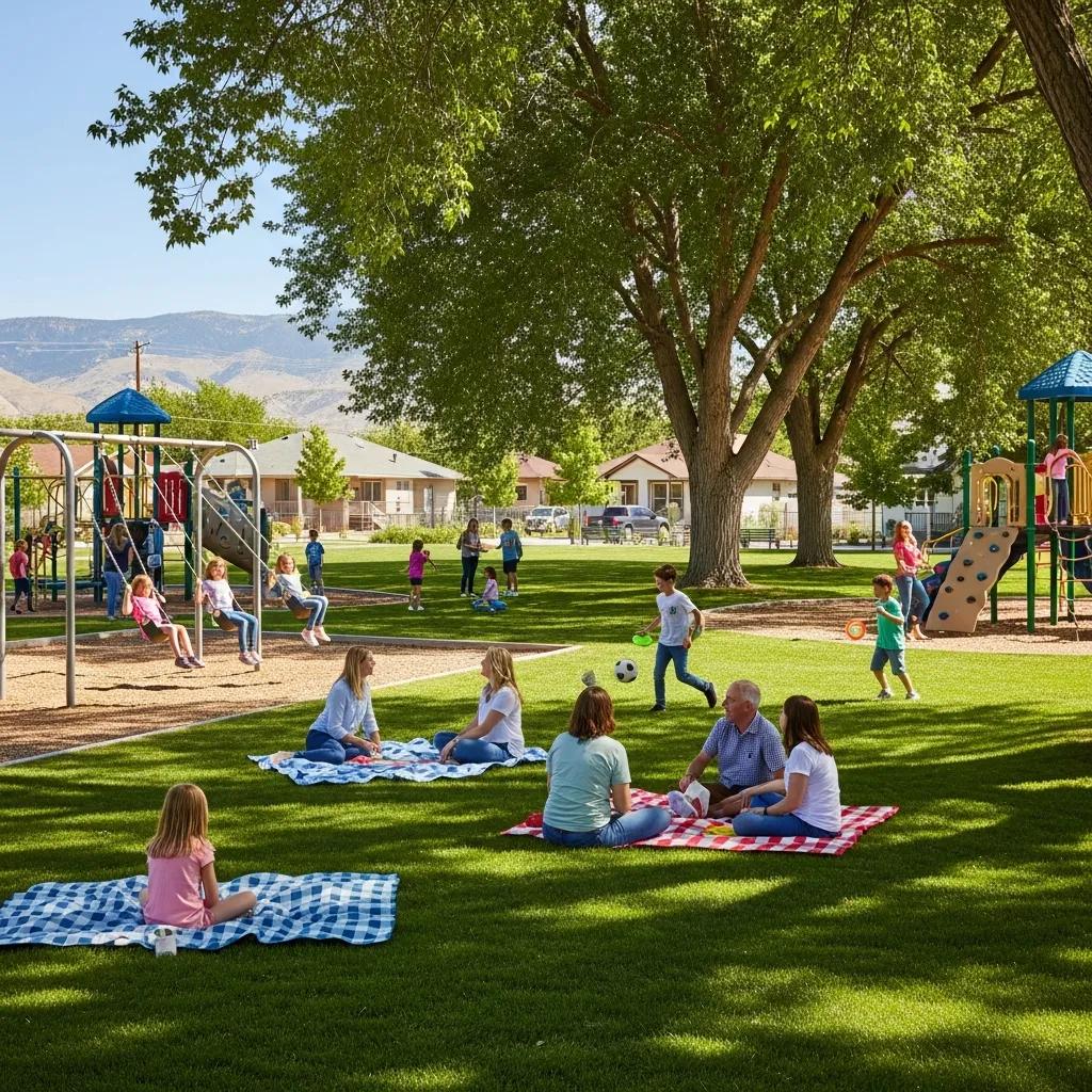 Families enjoying a local park in Nephi, Utah, with children playing on swings and engaging in outdoor activities, highlighting community amenities for family living.