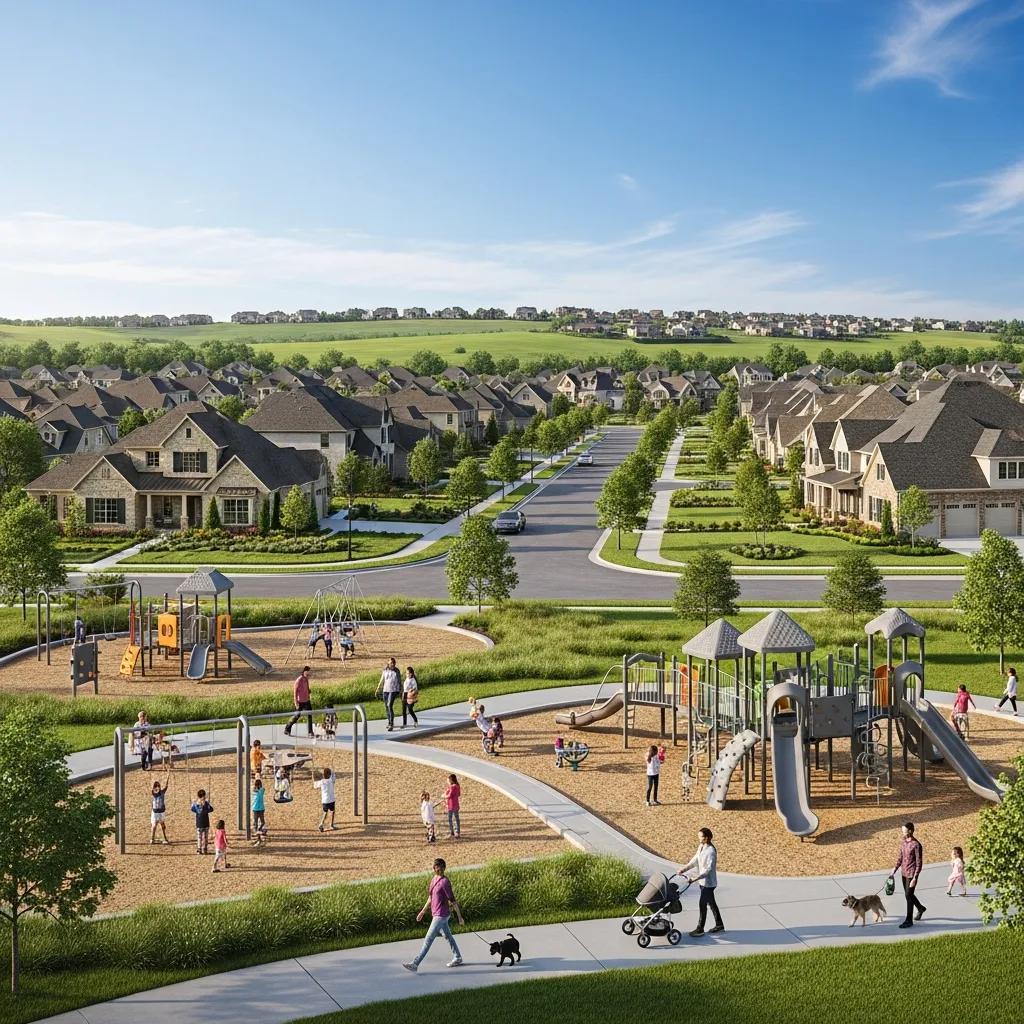 Family-friendly Loveless Estates neighborhood in Nephi featuring community parks, playgrounds, and families enjoying outdoor activities.
