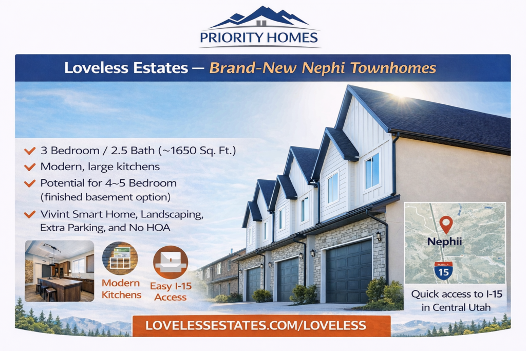 Loveless Estates flyer featuring modern Nephi townhomes with 3 bedrooms, 2.5 baths, large kitchens, and Vivint Smart Home features, highlighting easy I-15 access and landscaping details.