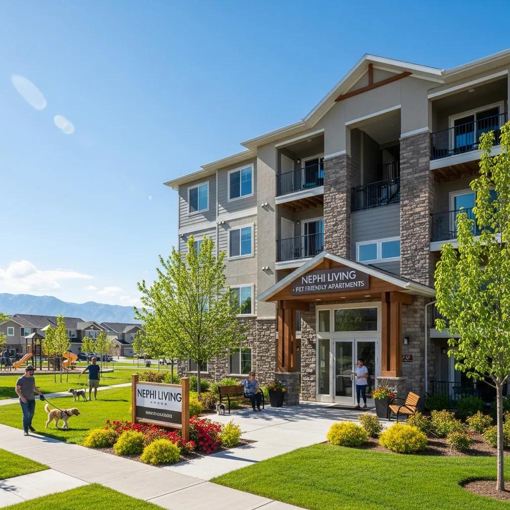 Modern apartment complex in Nephi, Utah, featuring pet-friendly options, landscaped grounds, and residents enjoying outdoor spaces.