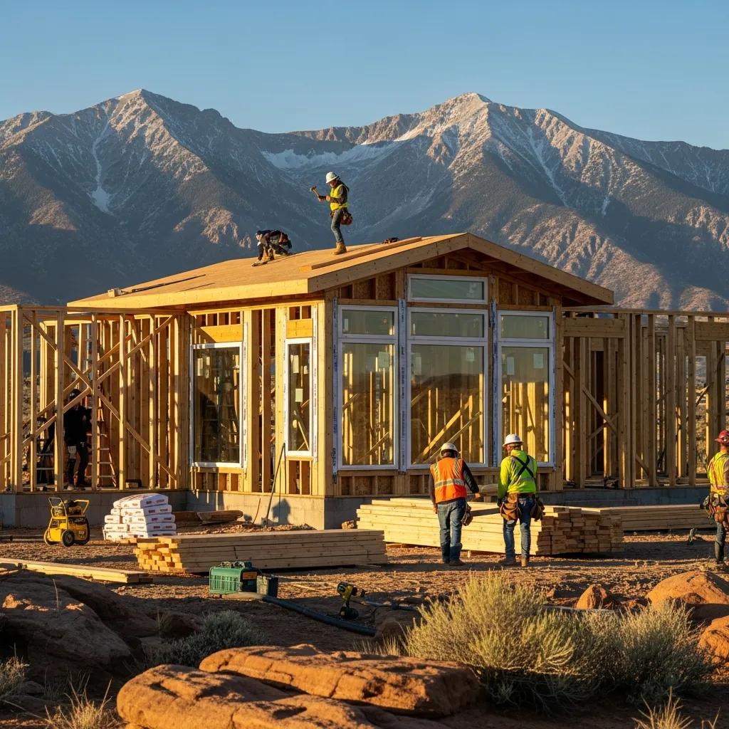 Modern house construction in Utah with scenic mountains