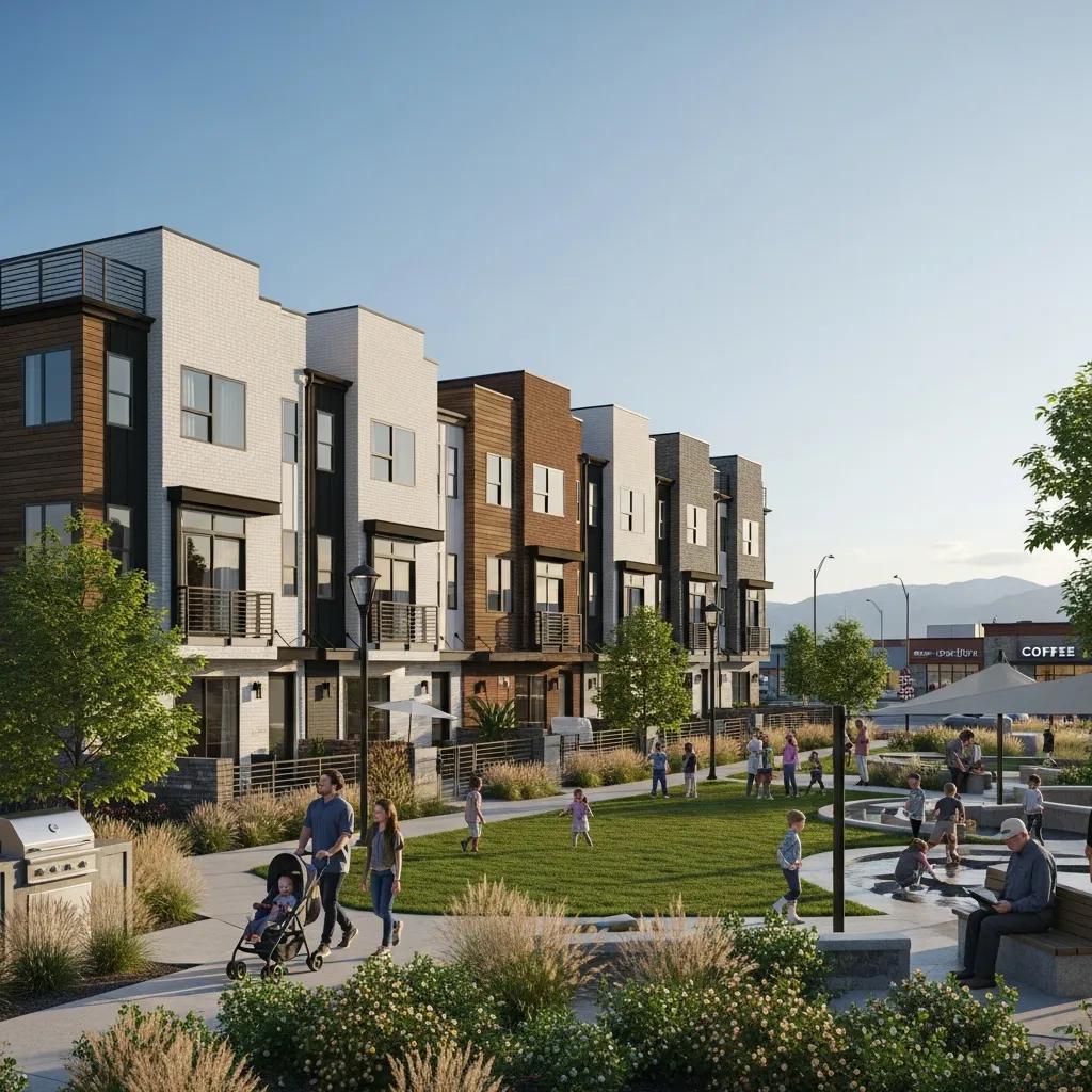 Modern townhome development in Utah County featuring contemporary architecture, landscaped community park, families enjoying outdoor space, and nearby amenities.