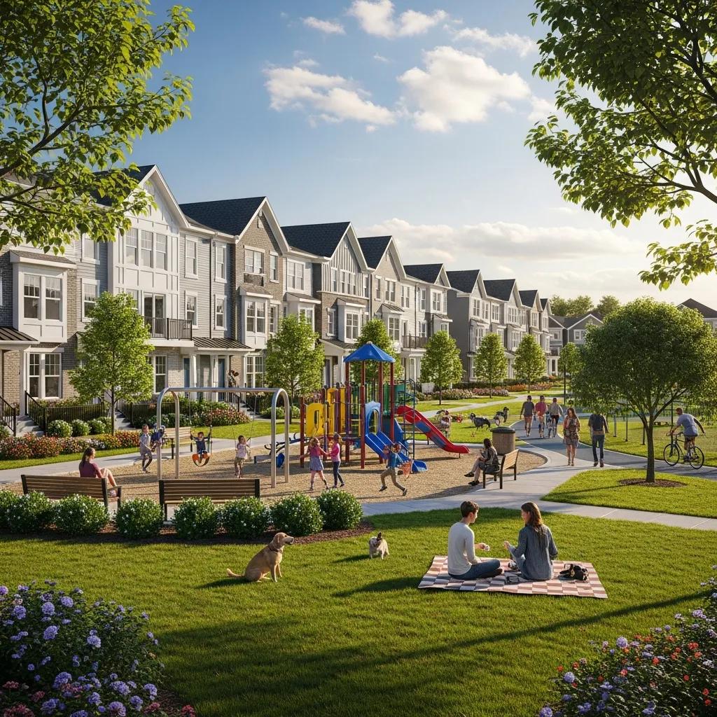 Modern townhomes in Loveless Estates, showcasing family-friendly community features and amenities