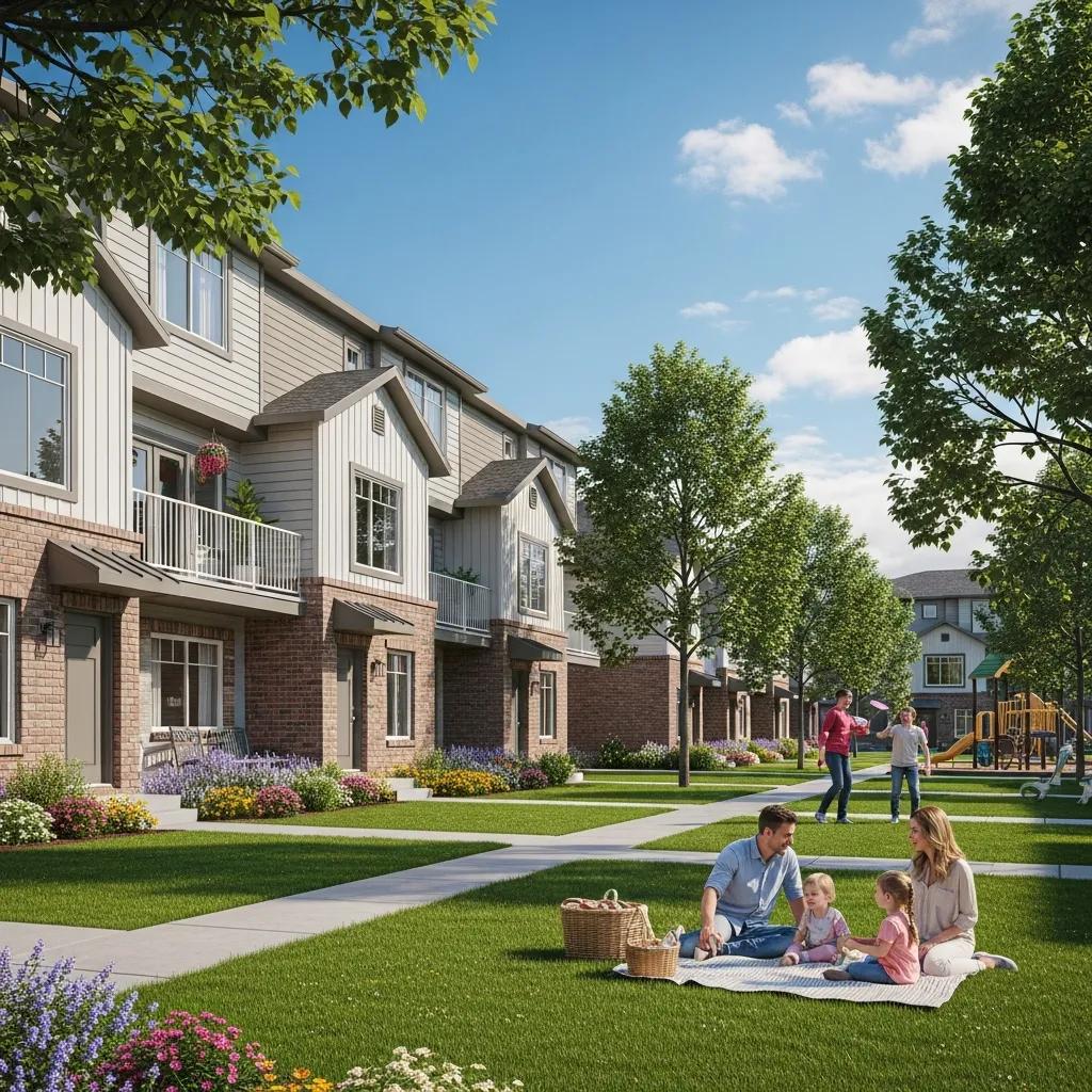 Modern townhouse community in Juab County with families enjoying outdoor spaces
