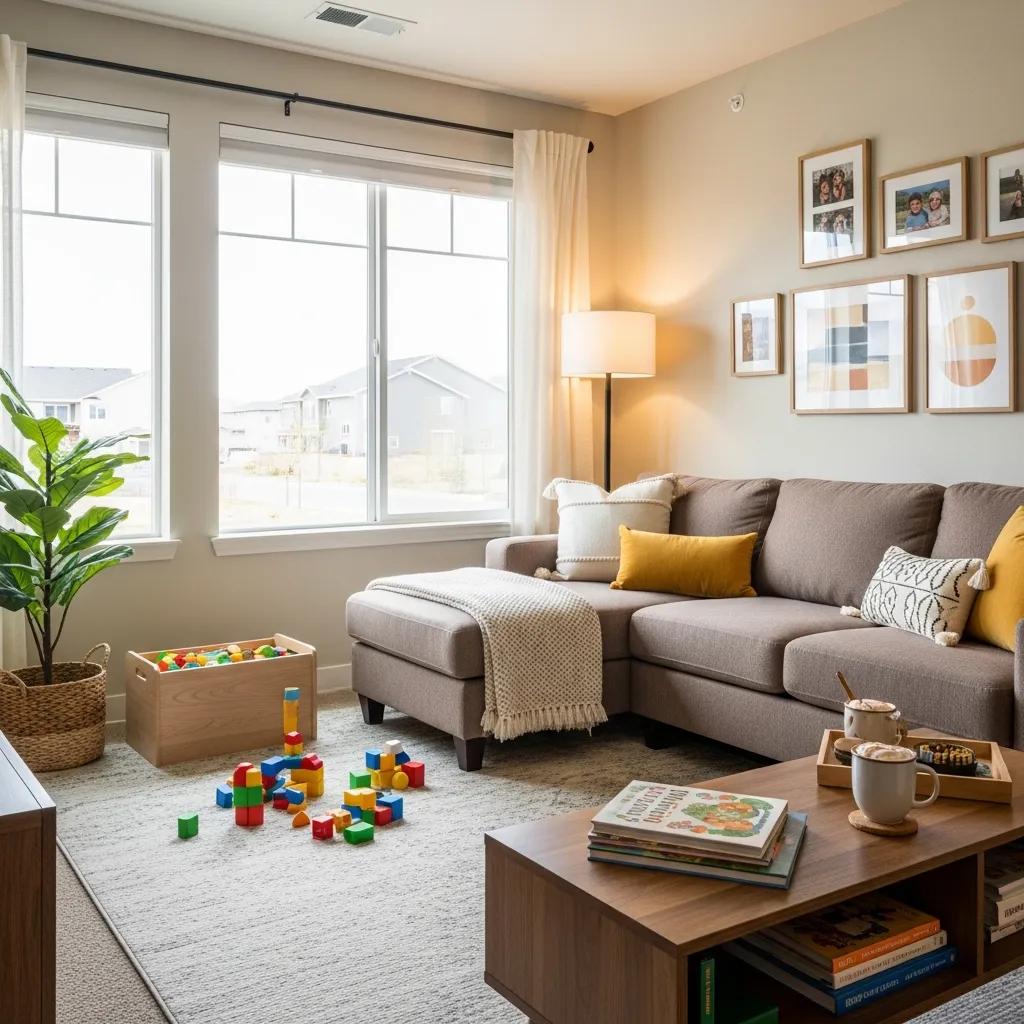 Cozy living room in a two-bedroom apartment in Nephi, Utah, featuring family-friendly decor, a sectional sofa with yellow cushions, a toy storage box, and colorful building blocks on the floor, highlighting comfort and practicality for family living.