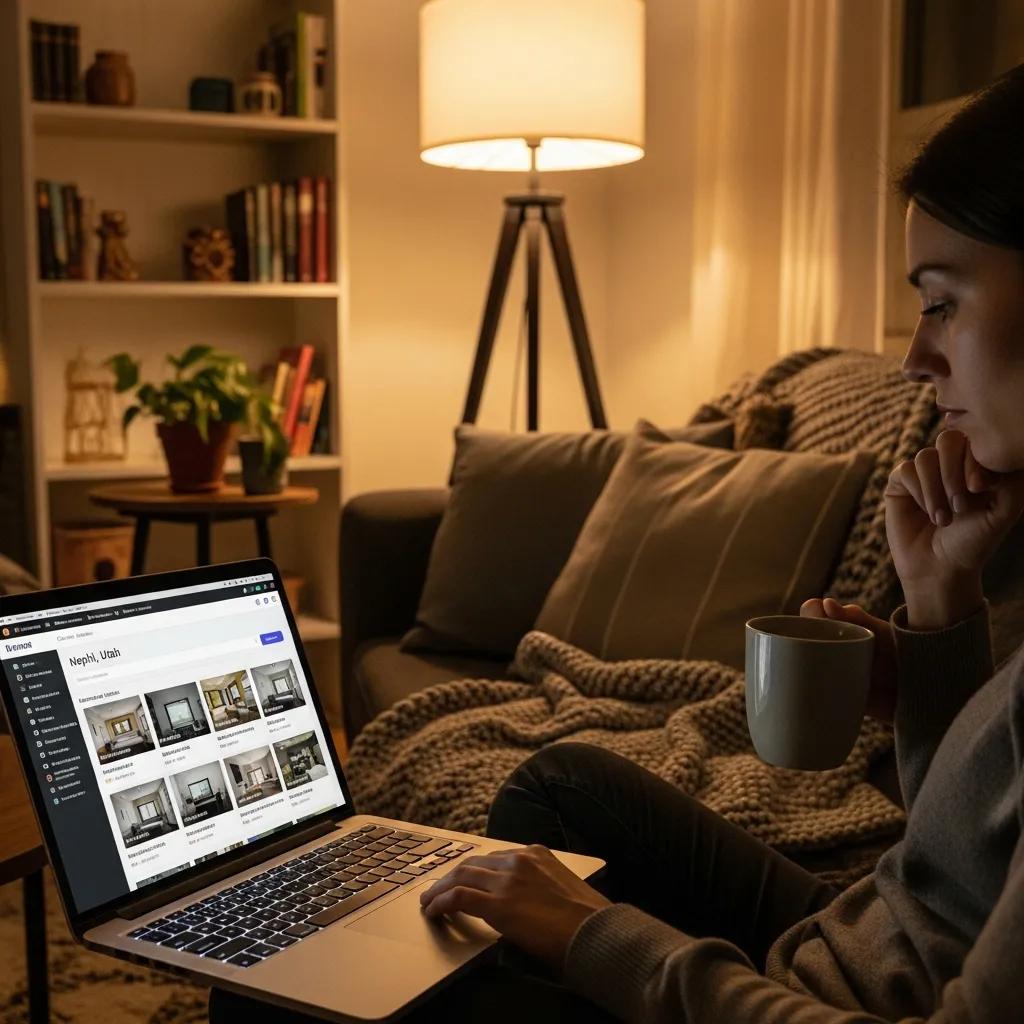 Someone browsing apartment listings on a laptop in a comfortable living room