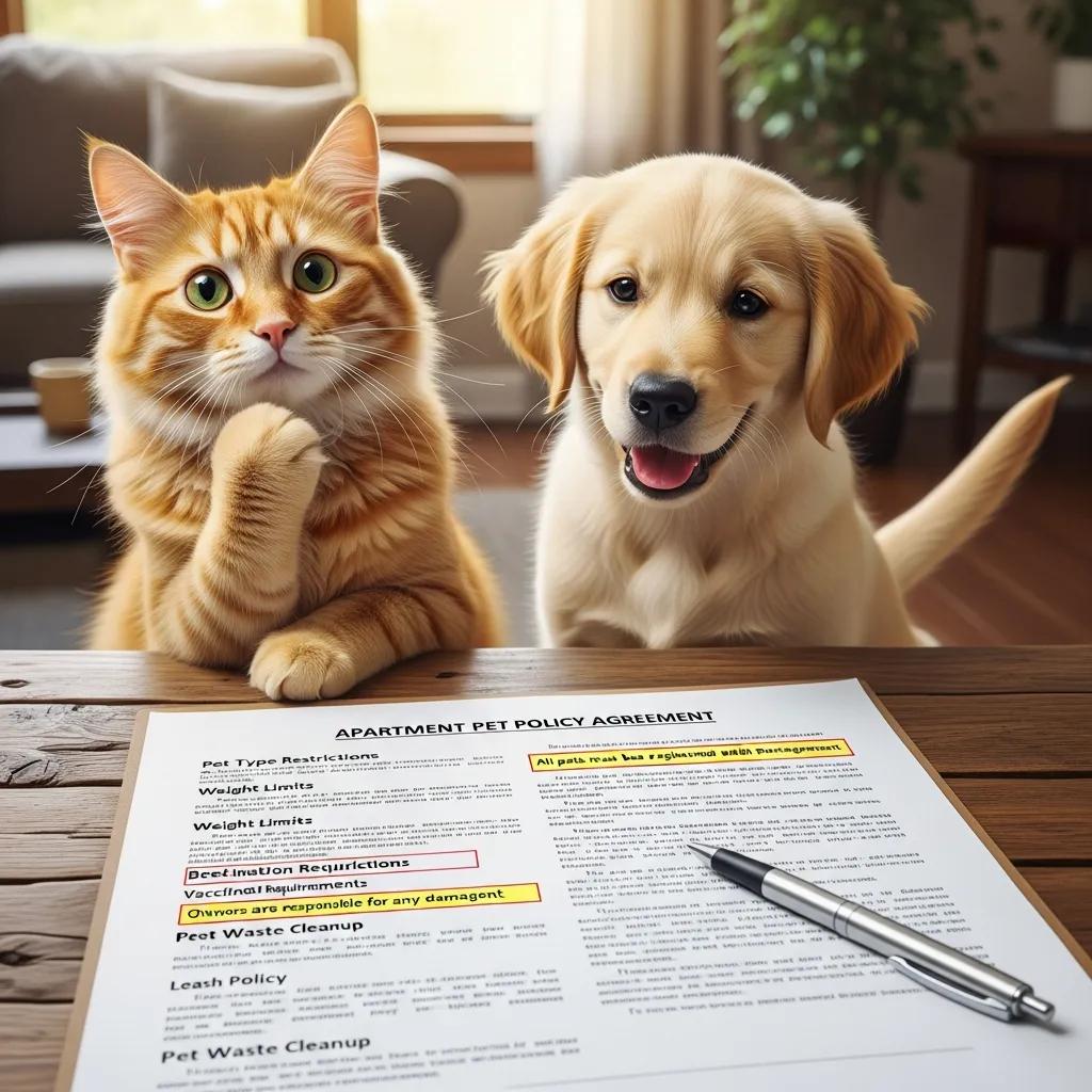 Cat and dog beside a pet policy document in a cozy living environment, highlighting pet ownership guidelines and requirements for pet-friendly apartments in Nephi, Utah.