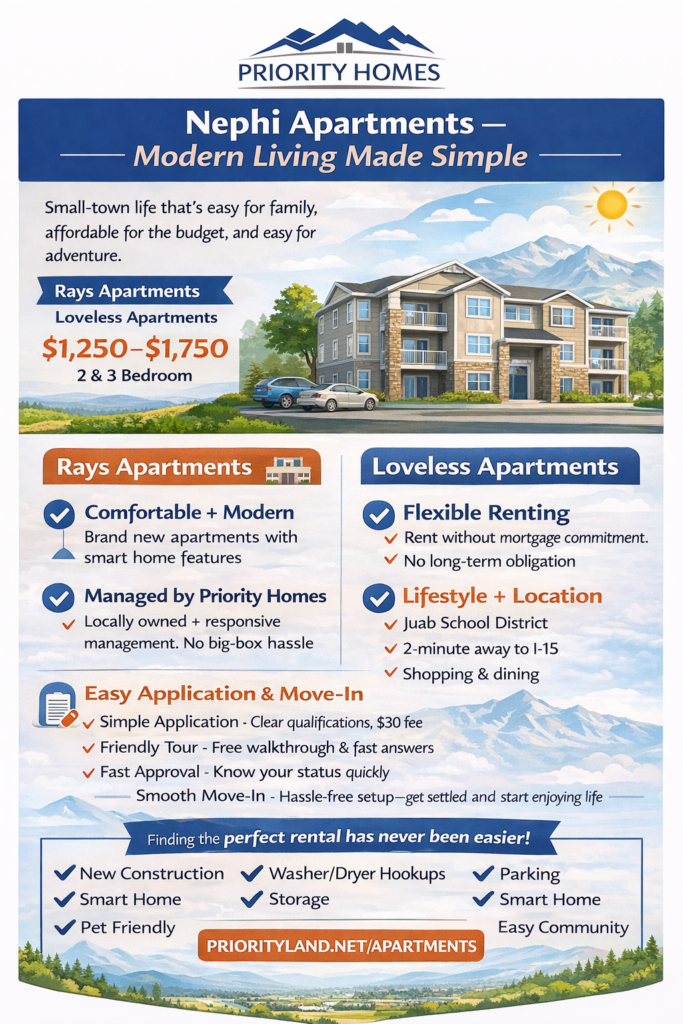 Priority Homes apartments advertisement showcasing modern living options in Nephi, Utah, featuring rental prices, amenities, and management details.