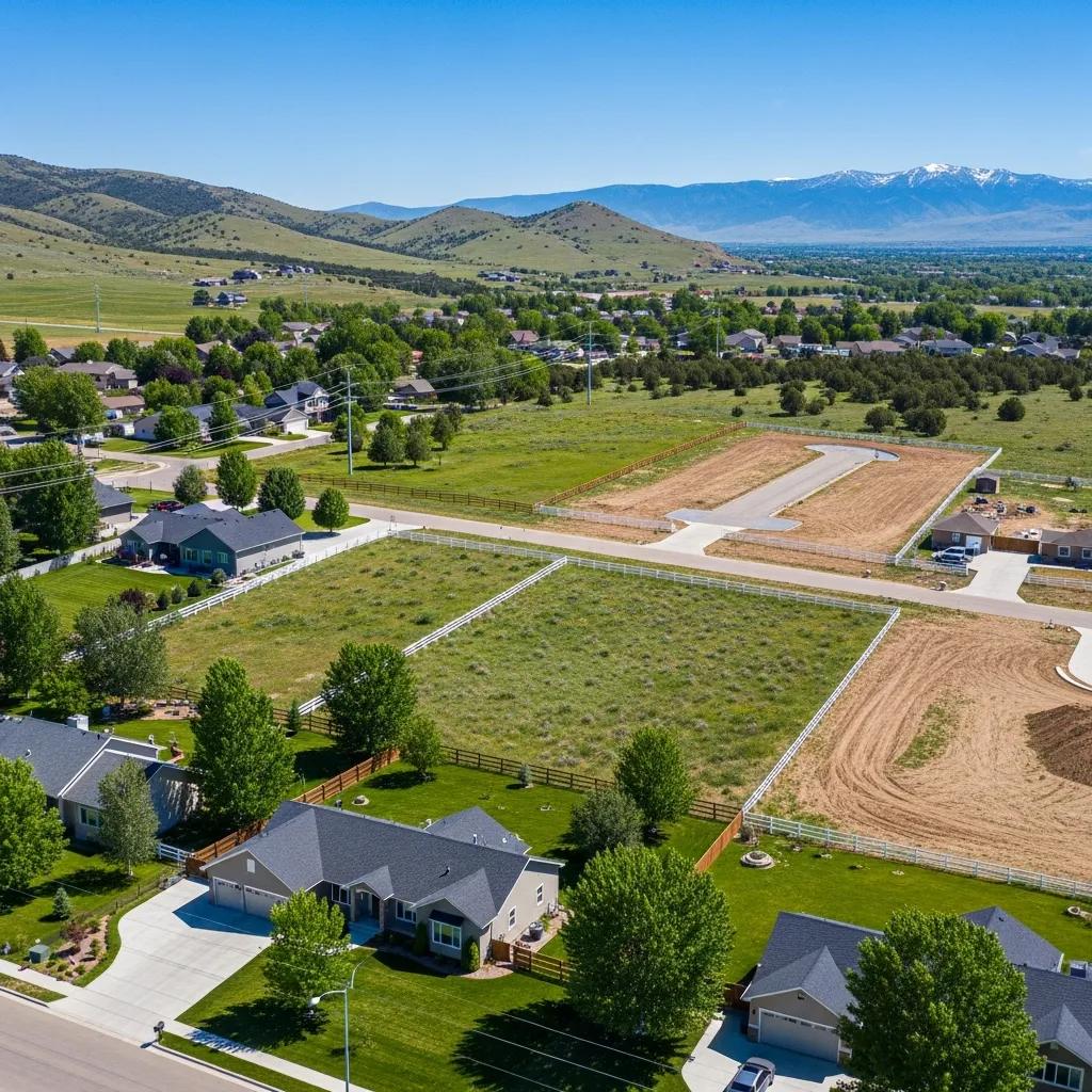 Aerial view of residential land parcels in Nephi, Utah, showcasing single-family homes, green lawns, and surrounding mountains, highlighting the community's blend of nature and suburban living.