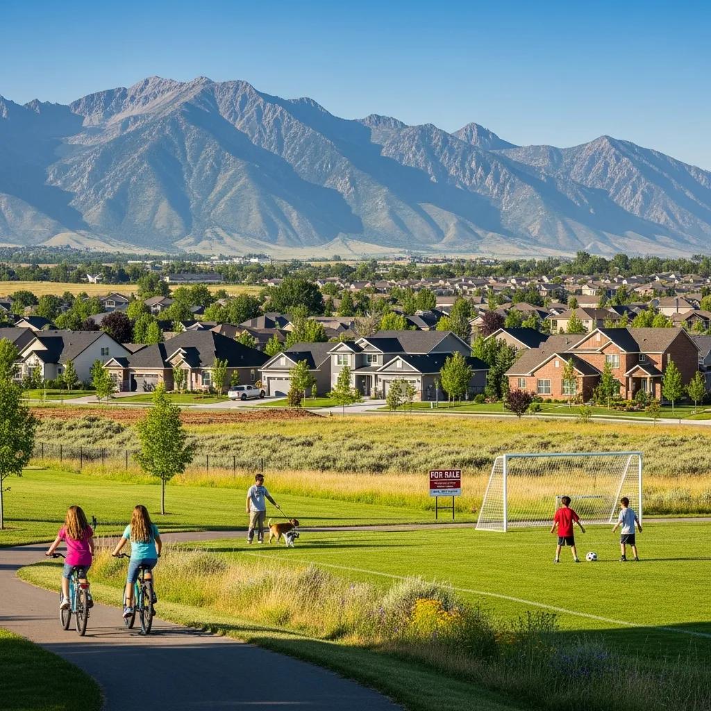Utah County landscape featuring residential homes, children playing soccer, and families biking, highlighting community and outdoor opportunities in a growing suburban area.