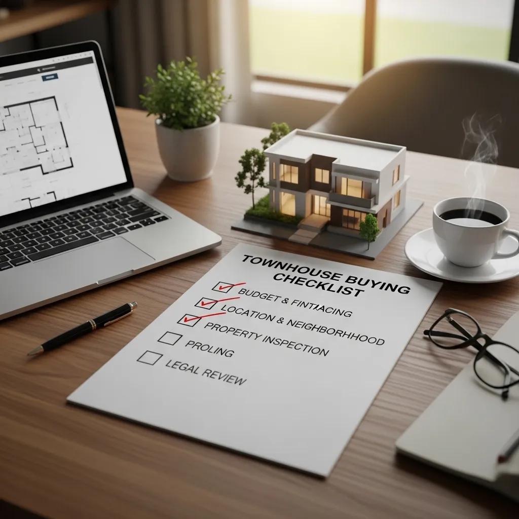 Workspace with a checklist and house model, symbolizing townhouse buying preparation