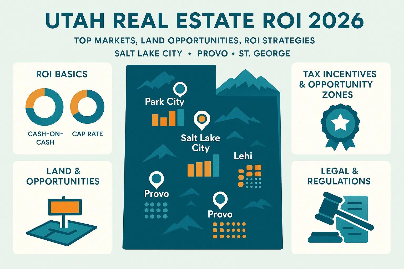 Utah real estate ROI 2026 infographic highlighting top markets, land opportunities, ROI strategies, including Salt Lake City, Provo, Park City, and Lehi, with visual elements for cash-on-cash and cap rate metrics, tax incentives, and legal considerations.