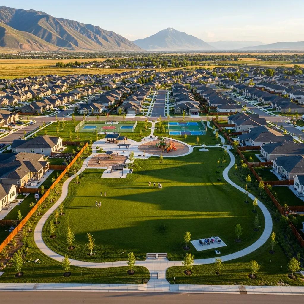 Aerial view of Loveless Estates development in Nephi, showcasing residential lots, community amenities, playground, sports courts, and surrounding mountains.