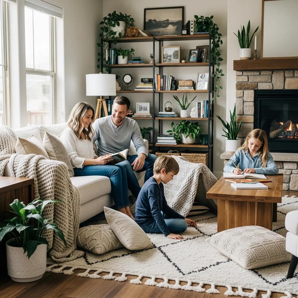 Cozy family living room in a rental property, featuring parents reading with children, a stone fireplace, and plants, highlighting the appeal of Utah investment properties.