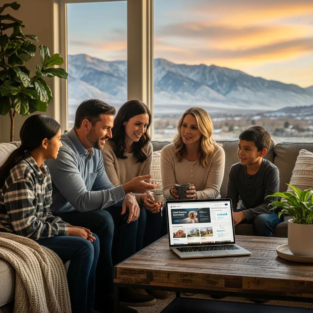 Family discussing real estate investment opportunities in a cozy living room with a laptop displaying Utah property listings and a scenic mountain view.