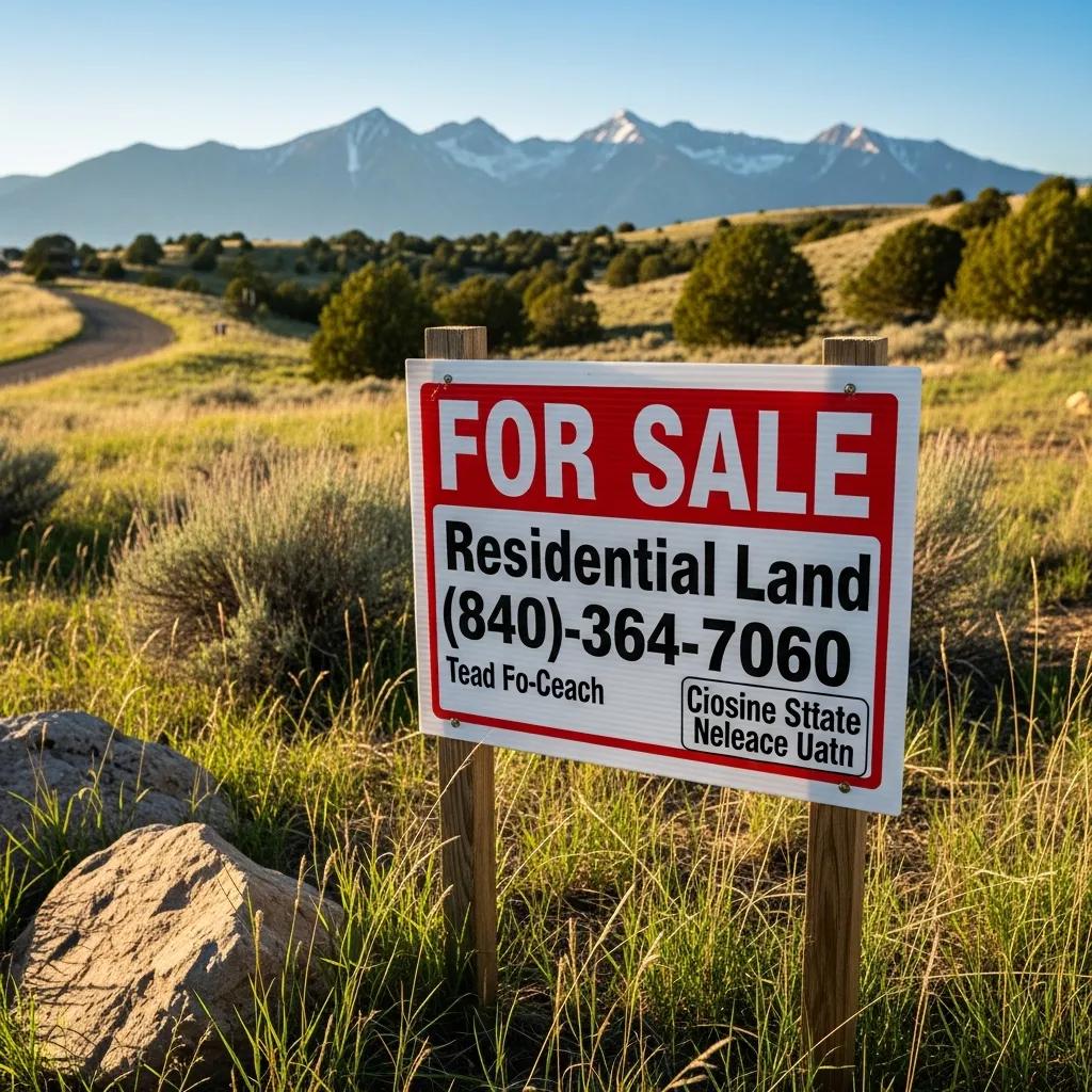 For sale sign in front of residential land parcel in Nephi, Utah, showcasing available land for investment opportunities amidst scenic mountainous backdrop.
