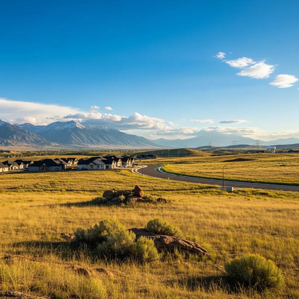 Scenic view of a premium land parcel in Utah, showcasing potential investment opportunities with residential development and surrounding mountains under a clear blue sky.