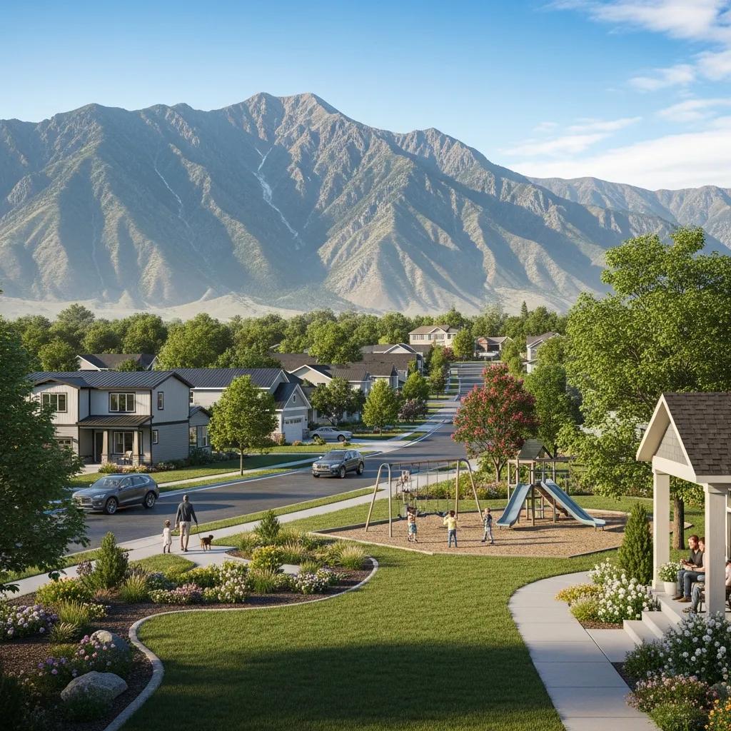 Illustration of a Nephi neighborhood park with mountains behind it