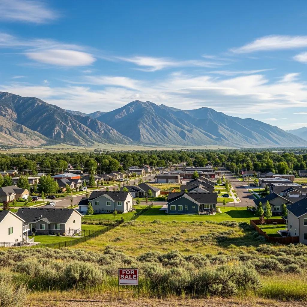 Scenic view of Nephi, Utah, showcasing residential homes and land opportunities with mountains in the background and a "For Sale" sign in the foreground.