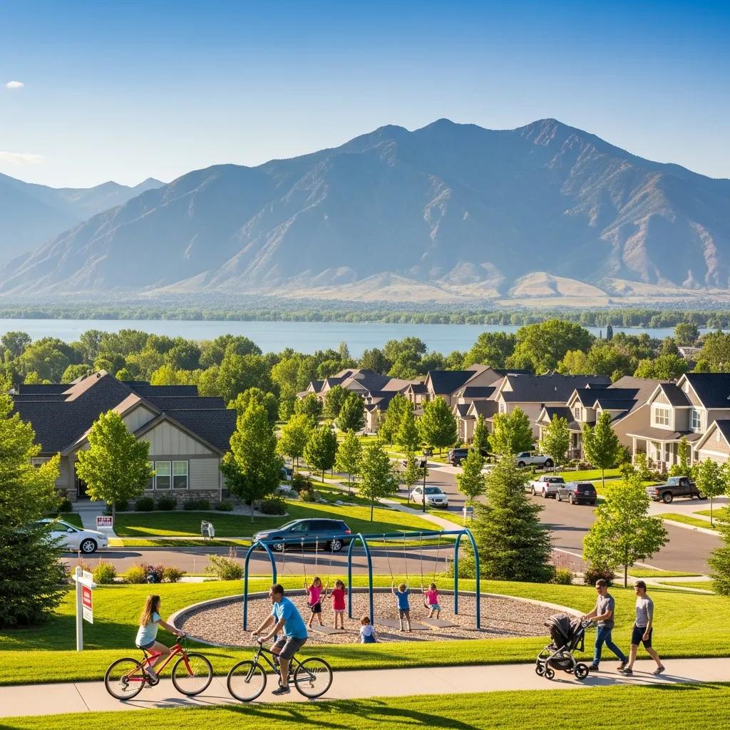 Scenic view of Provo, Utah, showcasing family-friendly environment with residential neighborhoods, playground, and recreational activities, highlighting rental demand and community appeal.