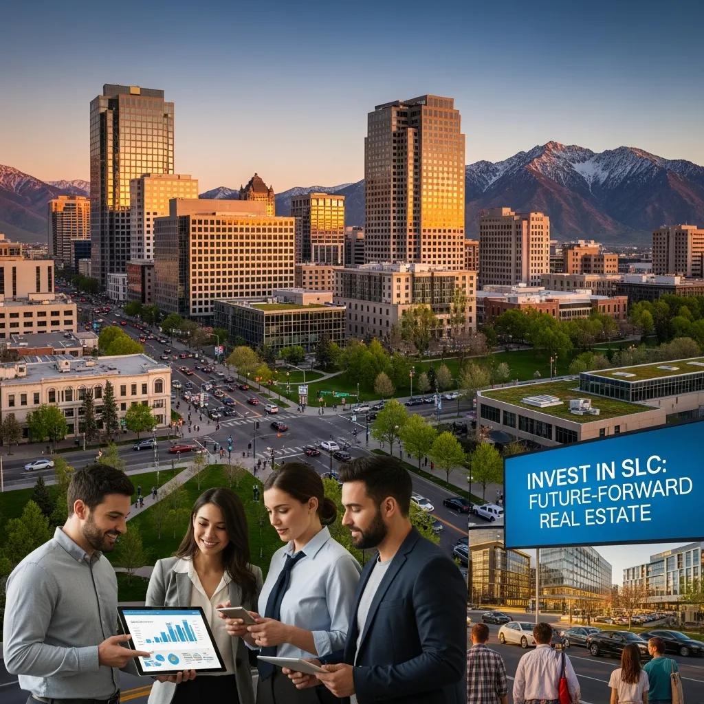 Salt Lake City skyline showcasing urban growth, professionals discussing real estate investment, and a sign promoting future-forward investment opportunities.