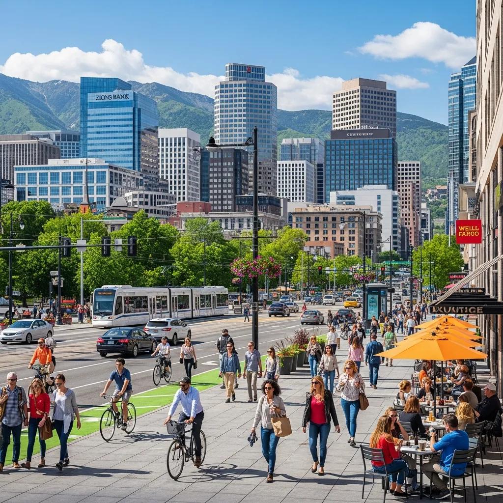 Vibrant urban scene in Salt Lake City showcasing a bustling rental market, with pedestrians, cyclists, and a tram on a busy street, framed by modern skyscrapers and the Wasatch Mountains.
